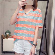 Load image into Gallery viewer, Plus Size Striped Harajuku T-shirt Women Summer V Neck Short Sleeve Cotton Mujer Top Tshirt Aesthetic Streetwear Large Tee Shirt
