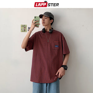 LAPPSTER Men Summer Harajuku Striped T Shirts 2020 Mens Korean Fashios Oversized Tshirt Male Loose Japanese Streetwear Tops Tees