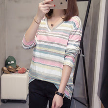 Load image into Gallery viewer, plus size wave striped women t-shirts autumn fashion v neck long sleeve tops oversized streetwear ladies t shirt basic tshirt
