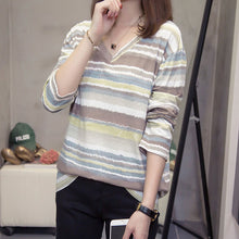 Load image into Gallery viewer, plus size wave striped women t-shirts autumn fashion v neck long sleeve tops oversized streetwear ladies t shirt basic tshirt
