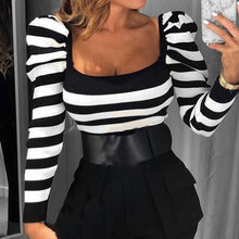 Load image into Gallery viewer, Women Low Cut T Shirt Black White Striped Long Sleeve Tshirt Autumn Puff Sleeve Basic Top Blusas Square Collar Fitness Party Top
