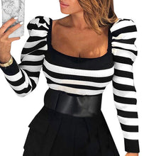 Load image into Gallery viewer, Women Low Cut T Shirt Black White Striped Long Sleeve Tshirt Autumn Puff Sleeve Basic Top Blusas Square Collar Fitness Party Top
