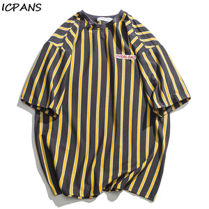 ICPANS Vertical Stripe Oversized Men's Tshirts Short Sleeve 2019 Summer New Korean Style Loose T-shirt Male Tee Cotton
