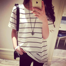 Load image into Gallery viewer, European American Classical Style Women Tshirt Striped Color Short Sleeve O Neck Women T-shirt Casual Loose T shirt Femme
