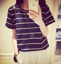 Load image into Gallery viewer, European American Classical Style Women Tshirt Striped Color Short Sleeve O Neck Women T-shirt Casual Loose T shirt Femme
