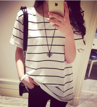 Load image into Gallery viewer, European American Classical Style Women Tshirt Striped Color Short Sleeve O Neck Women T-shirt Casual Loose T shirt Femme

