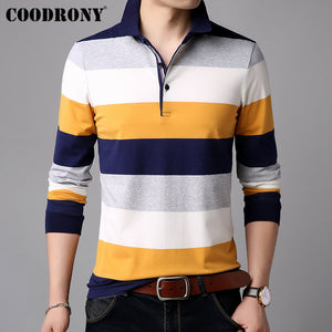 COODRONY Long Sleeve T Shirt Men Striped Casual Streetwear Tshirt Soft Cotton Tee Shirt Homme Turn-down Collar T-Shirt Men 95012