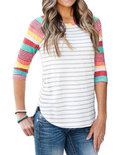 Load image into Gallery viewer, Hitmebox 2019 New Fashion Autumn Women's Colorblock 3/4 Raglan Sleeve Colorful Stripes Tops Ladies Crew Neck Asymmetric Tshirts
