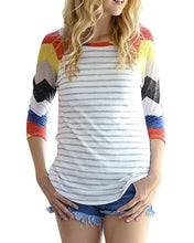 Load image into Gallery viewer, Hitmebox 2019 New Fashion Autumn Women's Colorblock 3/4 Raglan Sleeve Colorful Stripes Tops Ladies Crew Neck Asymmetric Tshirts
