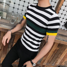 Load image into Gallery viewer, Summer Casual Tshirt Streetwear Tees Shirts Fashion Short Sleeve Striped Knitted T Shirt Male Slim Fit Business Camisetas Hombre
