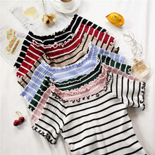 Load image into Gallery viewer, stripe square collar cropped T-shirt new female students short sleeve tshirts crop tops for woman 2019 summer
