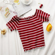 Load image into Gallery viewer, stripe square collar cropped T-shirt new female students short sleeve tshirts crop tops for woman 2019 summer
