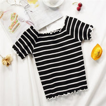 Load image into Gallery viewer, stripe square collar cropped T-shirt new female students short sleeve tshirts crop tops for woman 2019 summer
