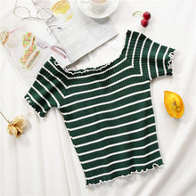 Load image into Gallery viewer, stripe square collar cropped T-shirt new female students short sleeve tshirts crop tops for woman 2019 summer

